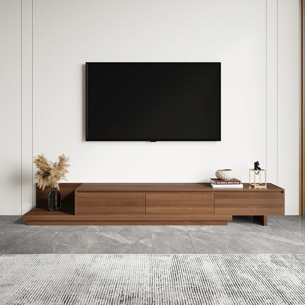 Meuble TV extensible Fero en noyer avec 3 tiroirs (2 000 mm à 3 600 mm)