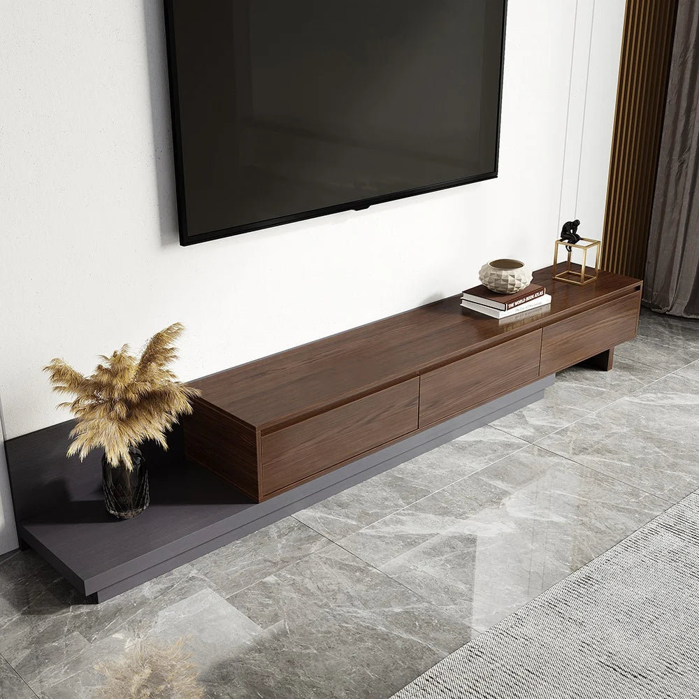 Meuble TV minimaliste rétractable et extensible Fero à 3 tiroirs en noyer et gris jusqu'à 3600 mm