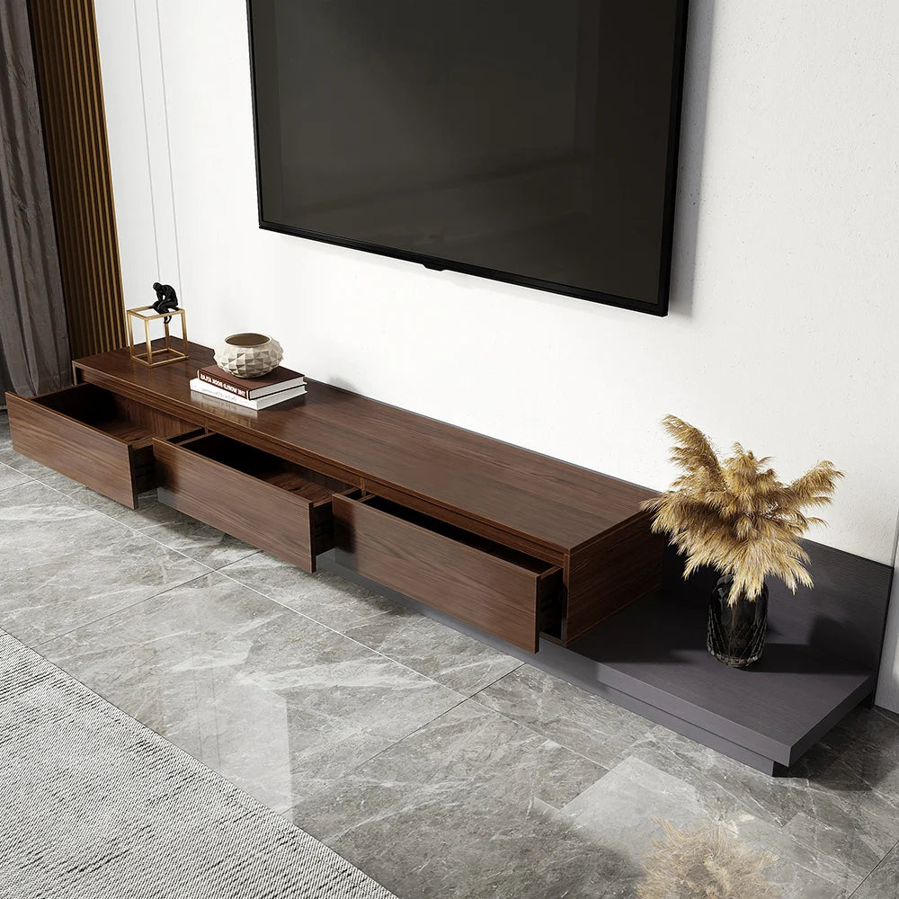 Meuble TV minimaliste rétractable et extensible Fero à 3 tiroirs en noyer et gris jusqu'à 3600 mm