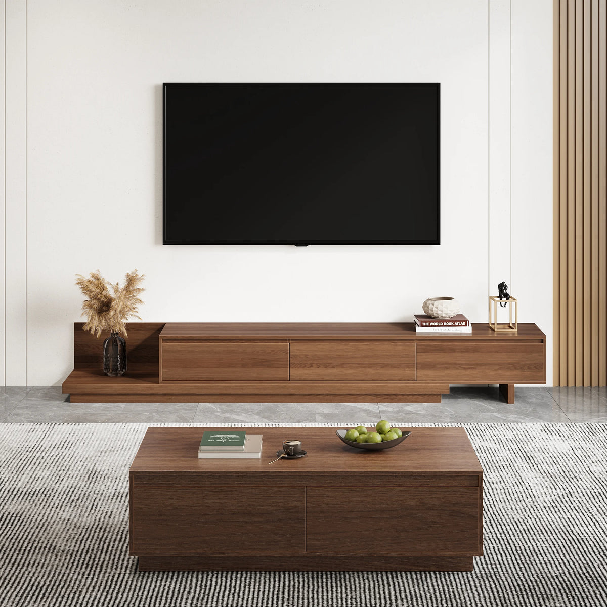 Meuble TV extensible Fero en noyer avec 3 tiroirs (2 000 mm à 3 600 mm)