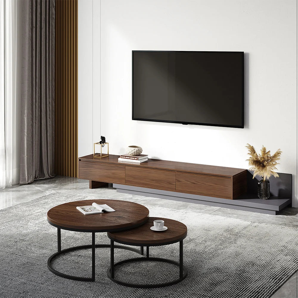 Meuble TV minimaliste rétractable et extensible Fero à 3 tiroirs en noyer et gris jusqu'à 3600 mm