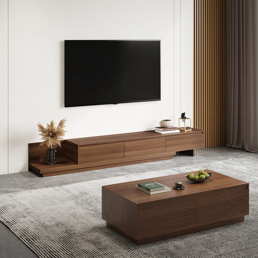 Meuble TV extensible Fero en noyer avec 3 tiroirs (2 000 mm à 3 600 mm)