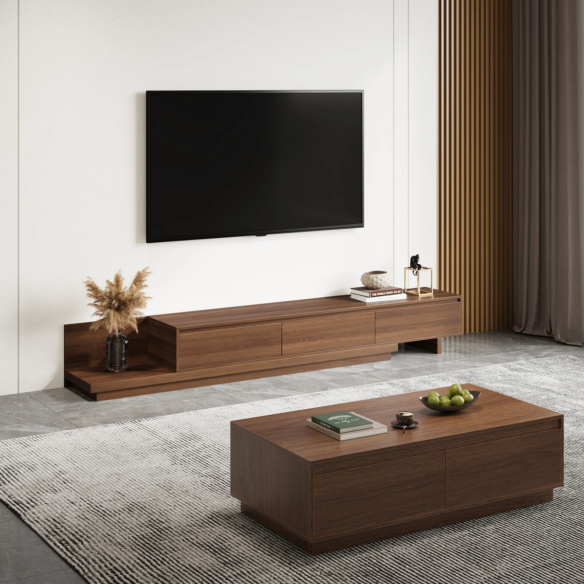 Meuble TV extensible Fero en noyer avec 3 tiroirs (2 000 mm à 3 600 mm)