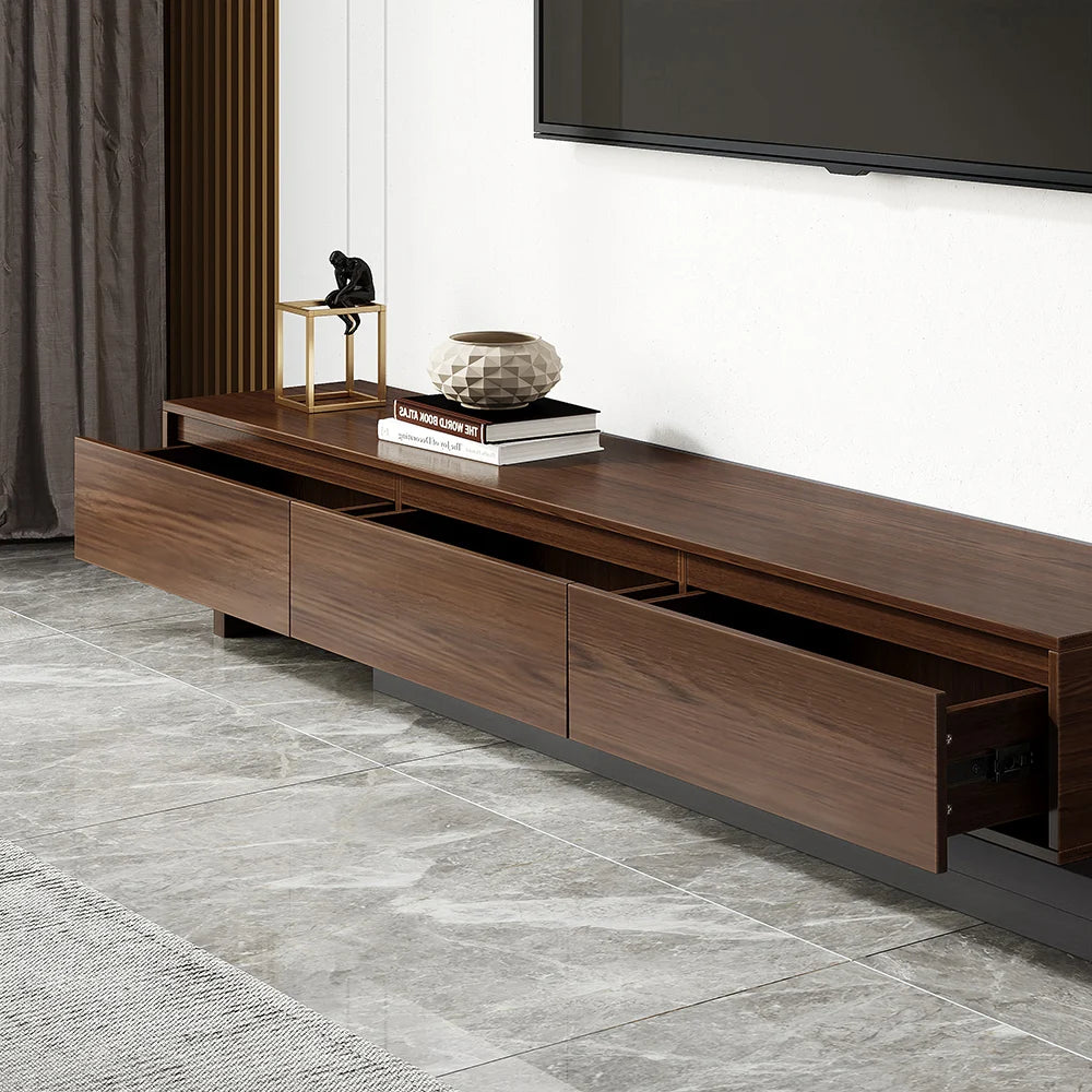 Meuble TV minimaliste rétractable et extensible Fero à 3 tiroirs en noyer et gris jusqu'à 3600 mm