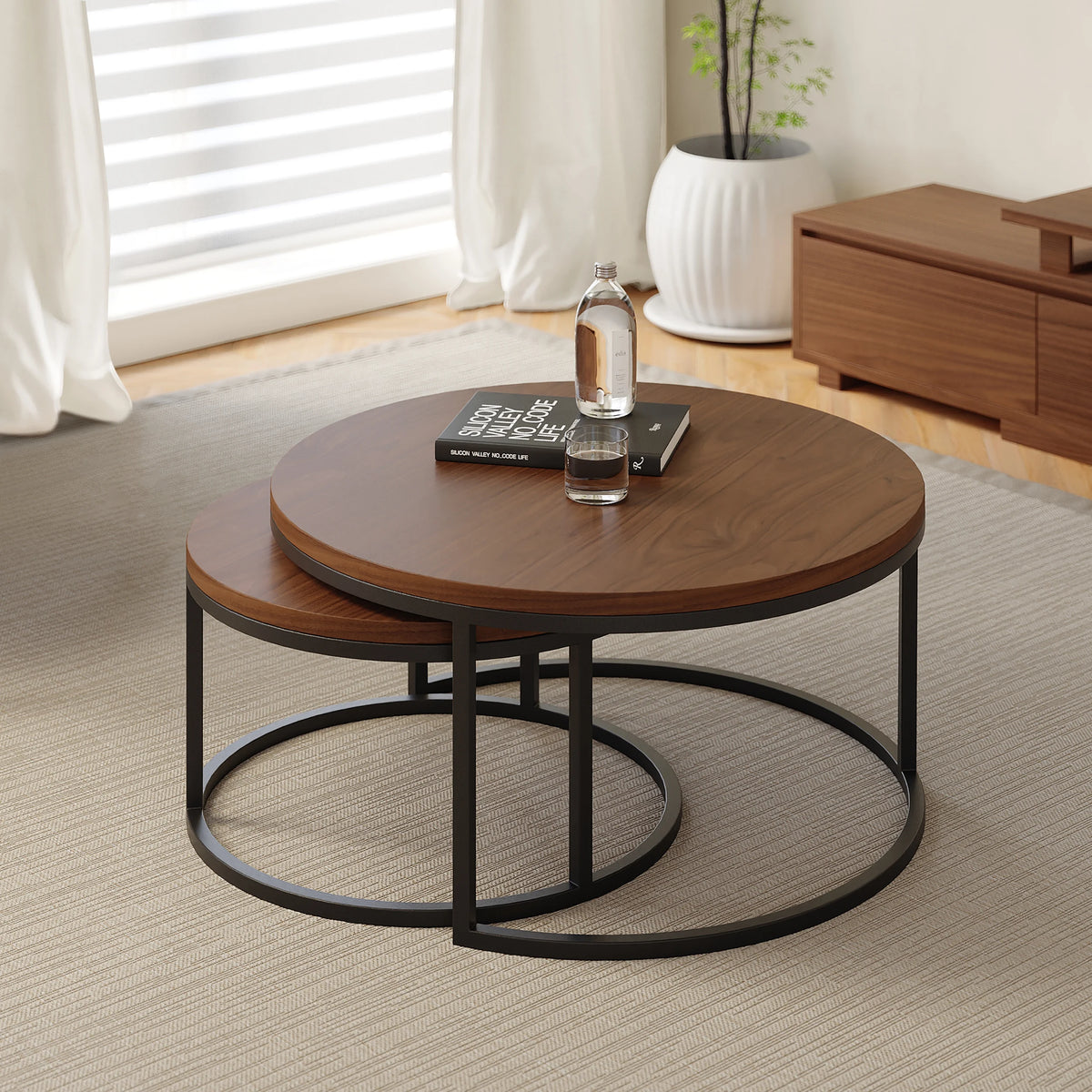 Ensemble meuble tv extensible et table basse emboîtable Fero en noyer