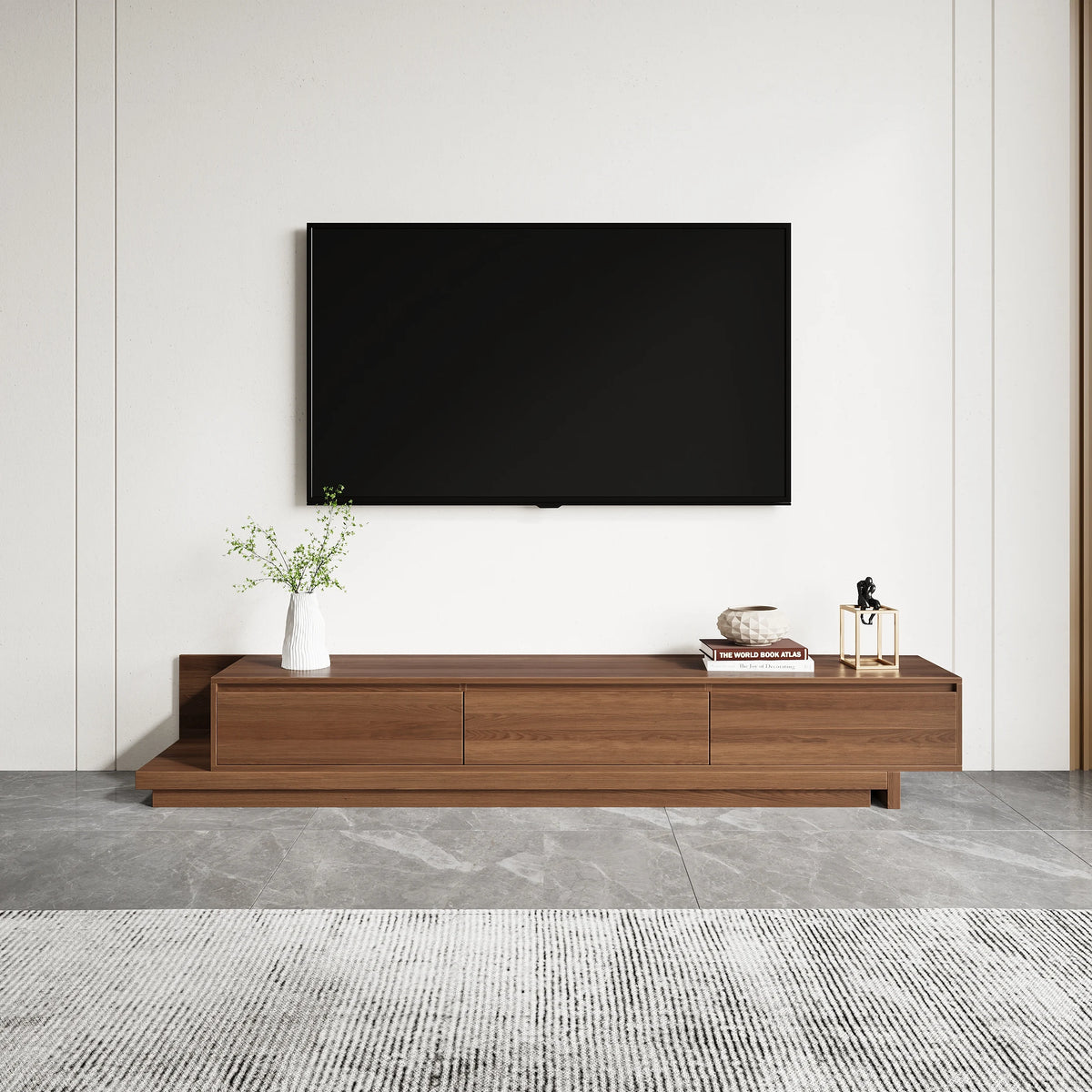Meuble TV extensible Fero en noyer avec 3 tiroirs (2 000 mm à 3 600 mm)