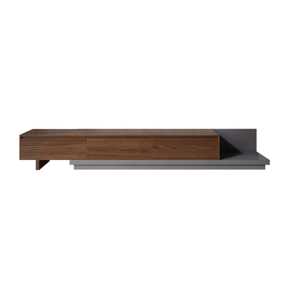 Meuble TV minimaliste rétractable et extensible Fero à 3 tiroirs en noyer et gris jusqu'à 3600 mm