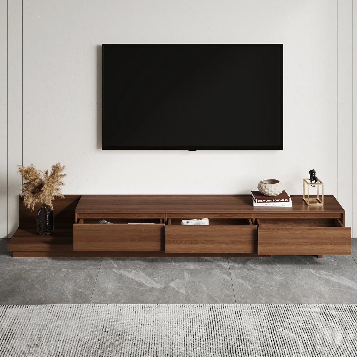 Meuble TV extensible Fero en noyer avec 3 tiroirs (2 000 mm à 3 600 mm)