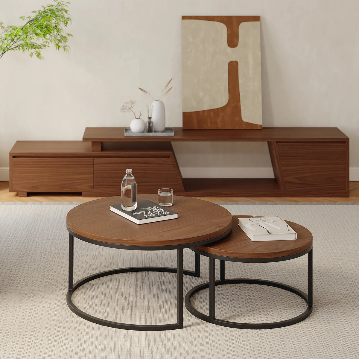 Ensemble meuble tv extensible et table basse emboîtable Fero en noyer