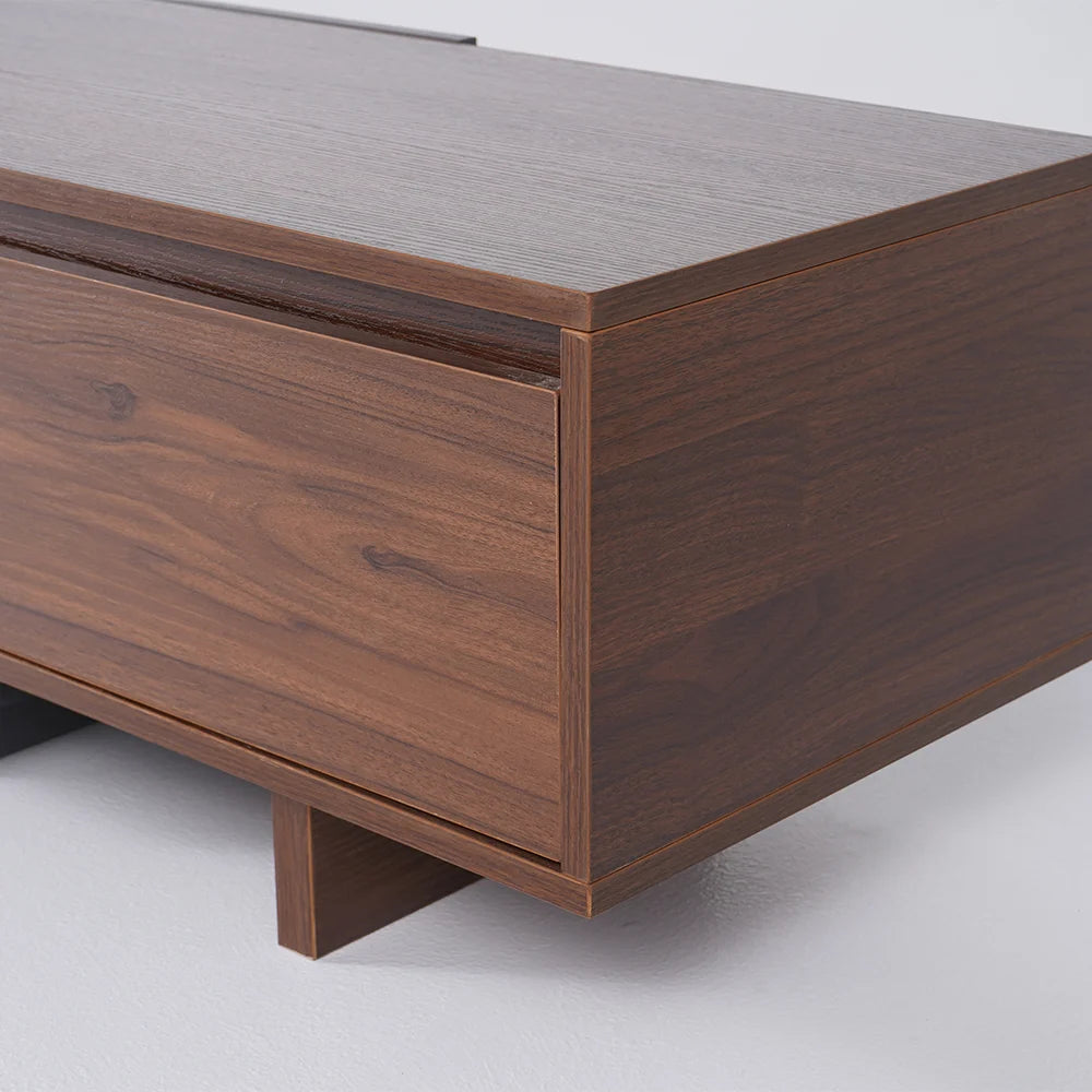 Meuble TV minimaliste rétractable et extensible Fero à 3 tiroirs en noyer et gris jusqu'à 3600 mm